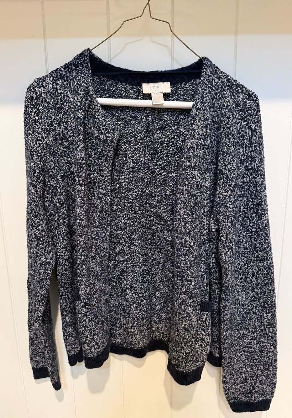 Loft Outlet Open Front Cardigan Size L Blue White Cotton Blend